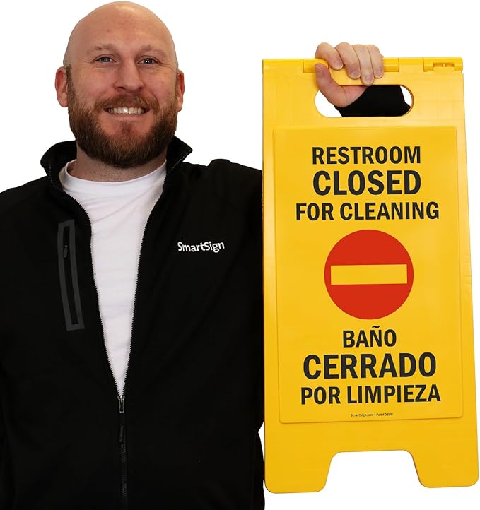 SmartSign 25 x 12 inch “Restroom Closed for Cleaning" Bilingual Two-Sided Folding Floor Sign, Plastic, Red, Black and Yellow