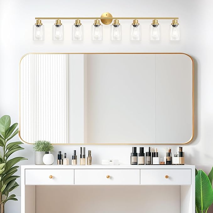 Guliaofo 8-Light Brushed Gold Vanity Lights for Bathroom, Lighting Fixtures Over Mirror with Clear Glass Shade, Modern Kitchen Light Fixtures Wall Lamps Sconce Light - E26 Base