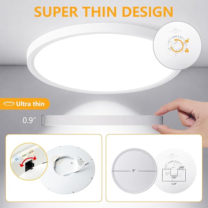 RLEDPZTX Led Flush Mount Ceiling Light,9 Inch 18w 1860lm,3000k/4000k/6000k 3CCT Selectable, Round Modern Flat Panel Super Slim Led Ceiling Light,for Living Dining Kitchen Bedroom Room (4Pack-White)