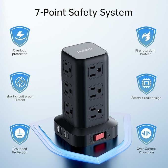 PD20W Surge Protector Power Strip Tower, 15FT Extension Cord with Multiple Outlets, 12 AC 4 USB (1 USB C)，Mini Power Strip with USB Ports, Surge Protector Tower Overload Protection for Office, Desk