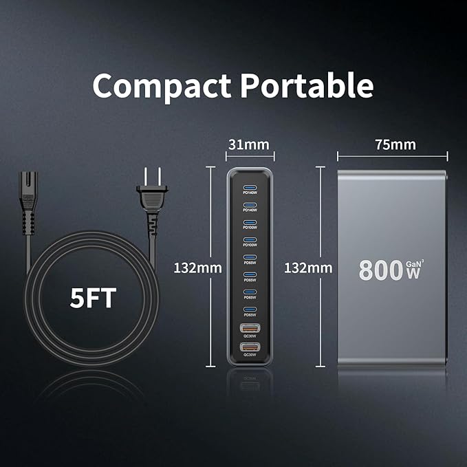 800W USB-C Charging Station GaN III 10-Port & 6.6ft 240W Cable, Compatible with iPhone, ipad, Samsung, Pixel, MacBook and Notebook etc.