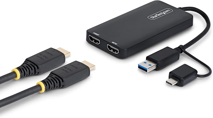 StarTech.com Dual Monitor Adapter for M1/M2/M3/M4 macOS Systems, Windows, ChromeOS. Thunderbolt, USB 3.0 or USB-C HDMI Splitter Extended Display, 4K30 Output 1 & 1080p Output 2, (107B-USB-HDMI-2)