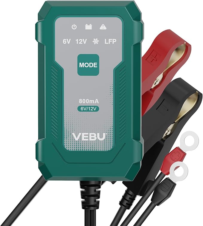 VEBU Motorcycle Trickle Charger 800mA Smart Battery Charger & Maintainer - Automatic for 6V/12V Lead Acid/Lithium Batteries, Plug & Play for Car Motorcycle Boat RV