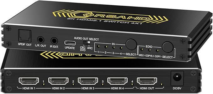 CORSAHD 4K@120Hz HDMI 2.1 Switch 4 in 1 Out with Audio Extractor,48Gbps,HDCP 2.3,HDR 10+,ARC,VRR,ALLM,CEC,IR Remote,Optical SPDIF 5.1Ch,AUX L/R 3.5mm 2.1Ch,HDMI Switcher 4x1,4 Port HDMI Selector