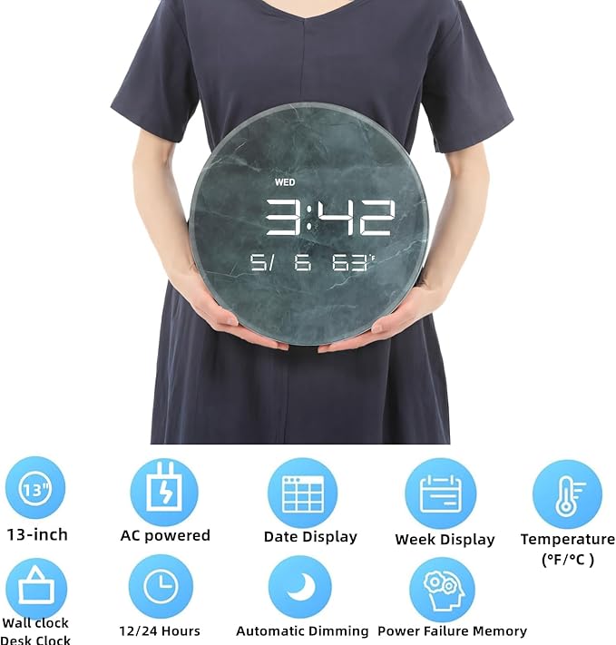 Nbdeal Digital Wall Clock with LED Display, 13" Calendar & Temperature, Automatic Dimming, 12/24hr Format, Wall & Desk Use - HUI-7855