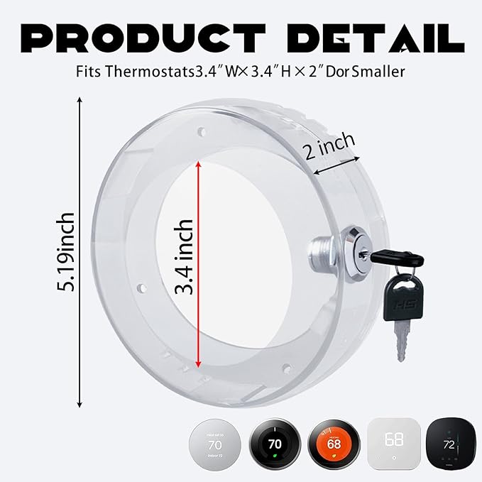 Round Thermostat Lock Case with Key, Upgraded,Thermostat Cover Universal, Thermostat Lock Case Clear, Wall Thermostat Guard, Fits Round Nest Thermostat(3.5x3.5x1.9 in) or Smaller