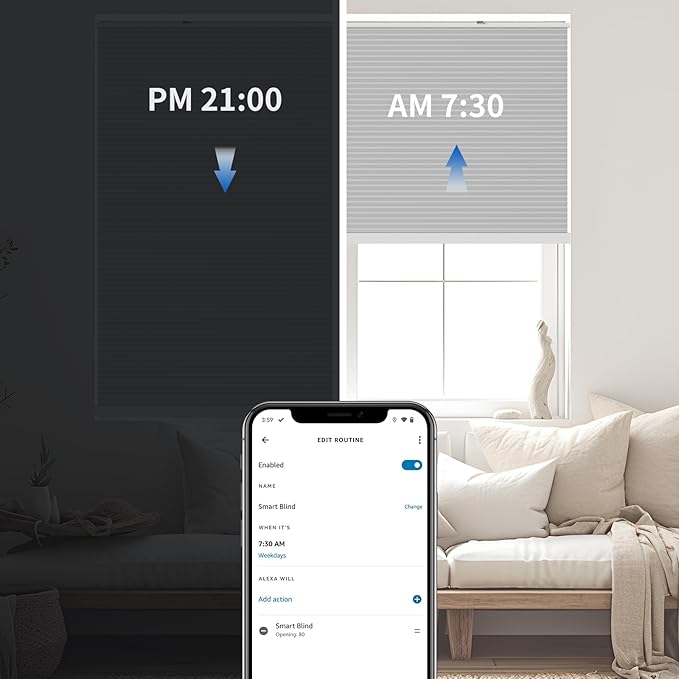 THIRDREALITY ZigBee Smart Blind Gen2, Motorized 100% Blackout Window Shades with Remote, Cordless Honeycomb Blinds, Automatic Height, C2 Rechargeable Batteries Powered, 34" W x 74" H Beige/White