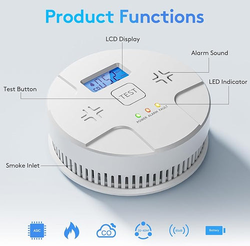 5 Packs,Smoke Detector Carbon Monoxide Detector Combo,2-in-1 Detection,85 dB Alarm,LED Indication,LCD Digital Displays,Battery Operated,(Includes 3 x 1.5V AA Batteries),Easy to Install,Portable Use