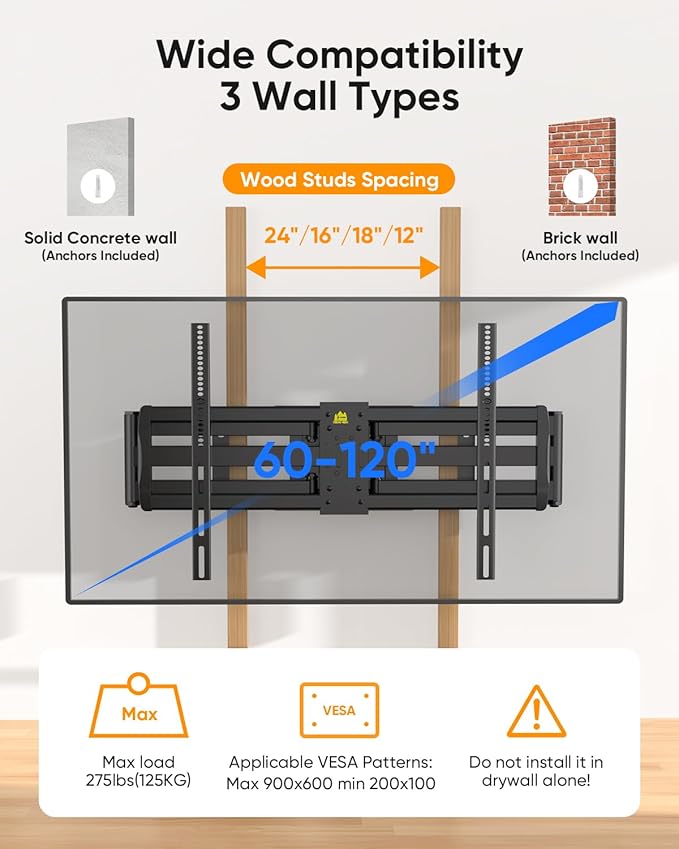 FORGING MOUNT Long Arm TV Wall Mount with 42.9 inch Extension and Power Strip for 60–120 Inch TVs, Heavy Duty Full Motion TV Mount,VESA 900x600mm,up to 275 lbs,Smooth Swivel, Tilt,16”-24” Wood Studs
