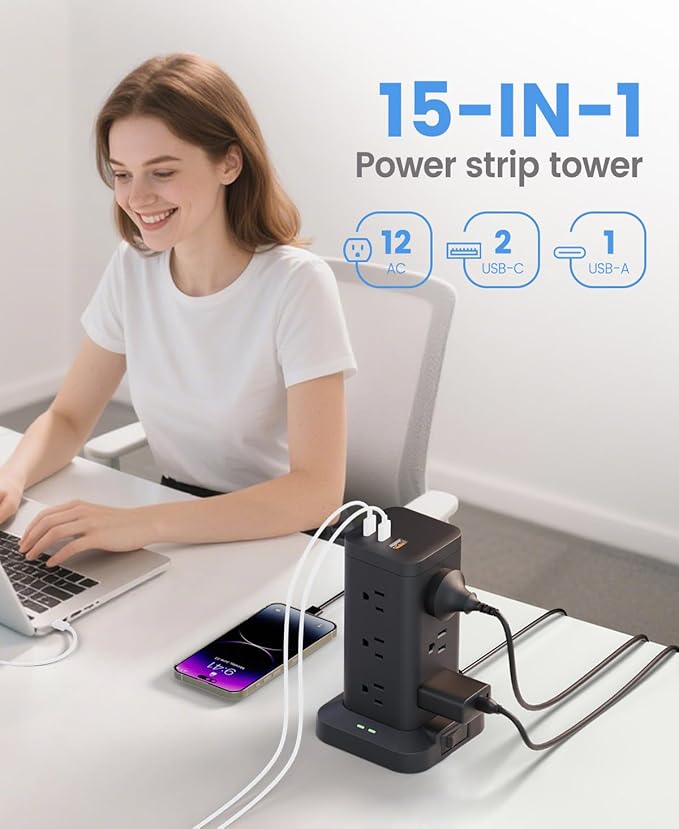 Tagzilo 15-in-1 Power Strip Tower with Surge Protector 1800J, Fast Charging Tower PD20W USB-C Ports with 12 AC Outlets, 15ft Extension Cord for Home Office Dorm Room, Black