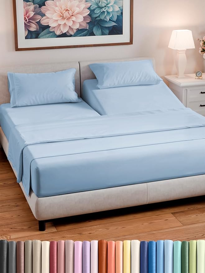 Split Head King Sheet Set – 4 Piece Flex Split Top King Sheets for Adjustable Beds - Fits 14” to 16" Mattress w/ Deep Pockets - Soft, Breathable & Cooling - Luxury Bedding and Wrinkle Free - Sky Blue