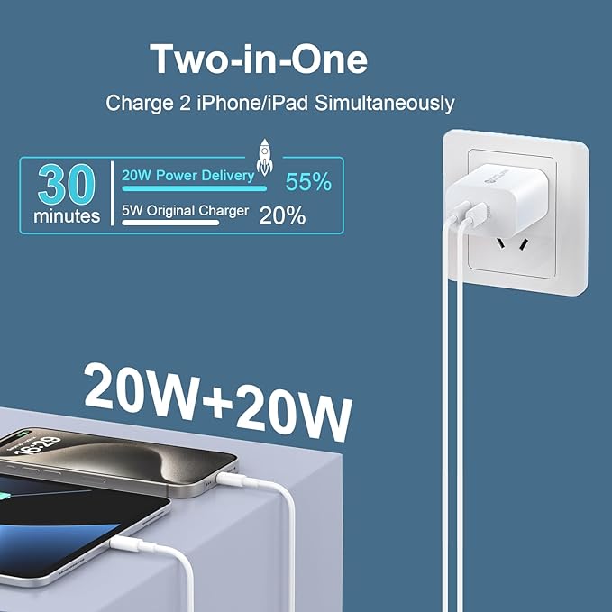 Phone 17 16/15 Pro Max Charger Fast Charging, 20W Dual Port USB C Fast Wall Charger Block with 6FT USB C to C Charging Cable for Phone 17 16 15 Pro Max/17 16 15 Pro/15/15 Plus