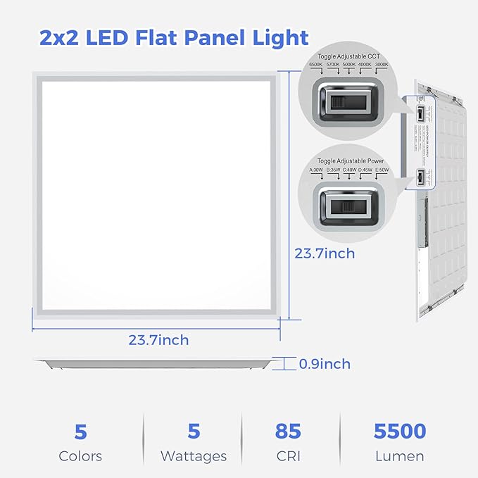 AIKVSXER 6 Pack 2x2 LED Flat Panel Light - Selectable 5 CCT 3000K-6500K & 5 Wattage 30-50W 5500Lm 0-10V Dimmable 2x2 led Drop Ceiling Lights 120-277V for Commercial and Home