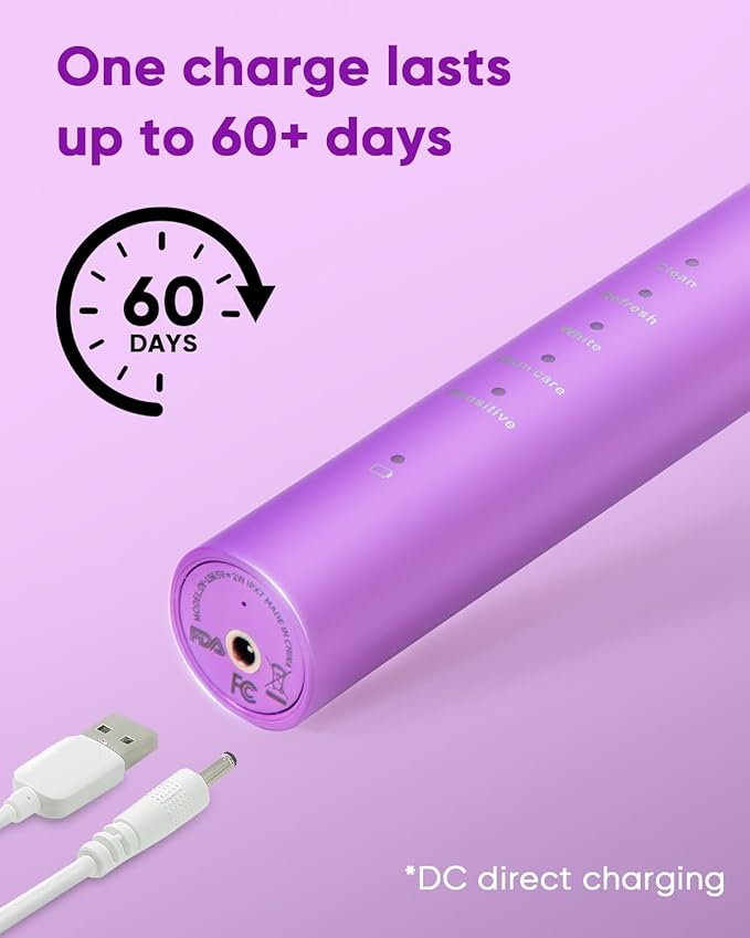MySmile DY156 Electric Toothbrush for Adults, Rechargeable Sonic Battery Toothbrush Portable with 3 Brush Heads, 2 Mins 5 Modes Smart Timer, 45000VPM, One Charge for 60 Days - Purple