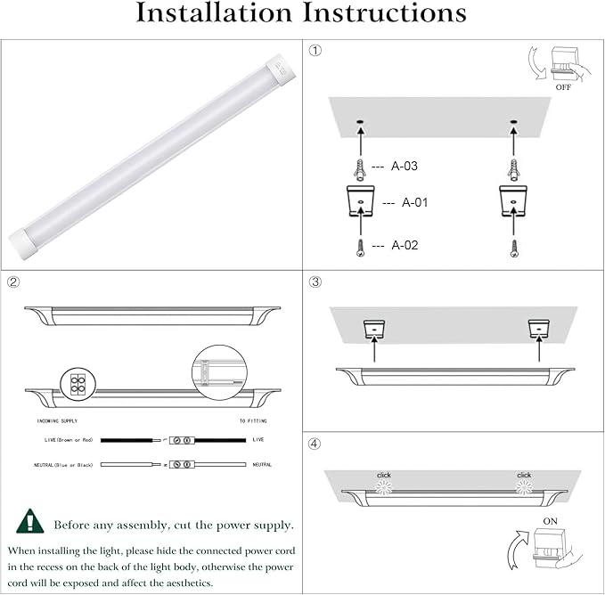 colmeguna 1 Packs 4FT LED Batten Light, Ultra-Thin Slim Ceiling Surface Mounted Light, 40W, 4000K, IP20, LED Ceiling Lamp for Garage, Shop, Hallway, Office, Market