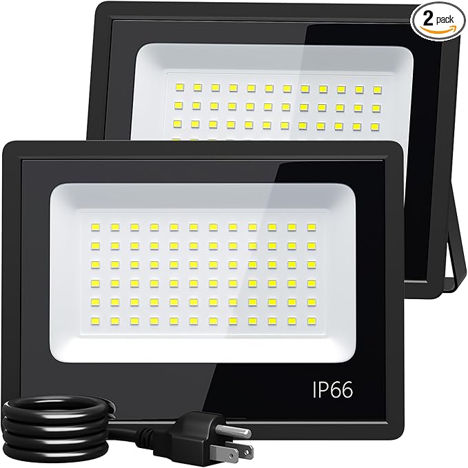 XXBSAZ 50W LED Flood Lights Outdoor, Plug-in & Hardwired Security Lights, IP66 Waterproof 6500K Daylight for Porch, Shed & Small Outdoor Areas (2 Pack)