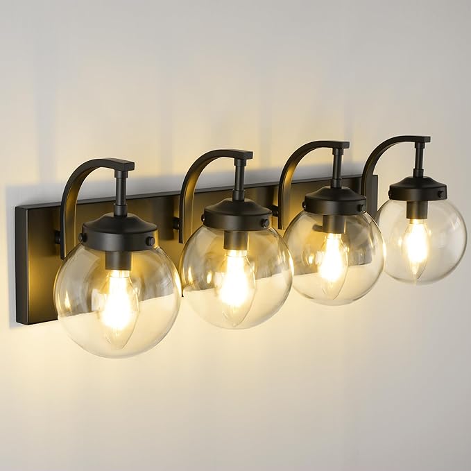 Beionxii 4-Light Bathroom Light Fixtures, Black Bathroom Vanity Light with Clear Glass Shade, Modern Vanity Lighting Fixtures Over Mirror Living Room Hallway, BX-VL03MB-4CG