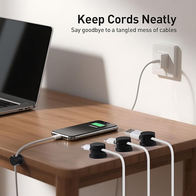 AGPTEK 8 Pack Magnetic Cable Clips, Upgraded 360° Rotatable Cord Holder Clips for Nightstand, Desk Cord Organizer Adhesive Wire Management Home Office Phone Charging Cords USB Cable Keeper (Black)