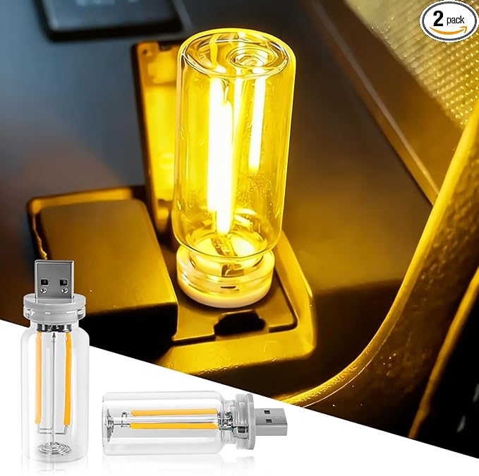 2PCS USB Lights, Retro Automotive Atmosphere Decor Lamp, Car Interior Touch Adjustment Lights, Mini Glass Bottle LED Bulb Night Light for Vehicle Bedroom Hallway, Camping, Holiday (Warm White)