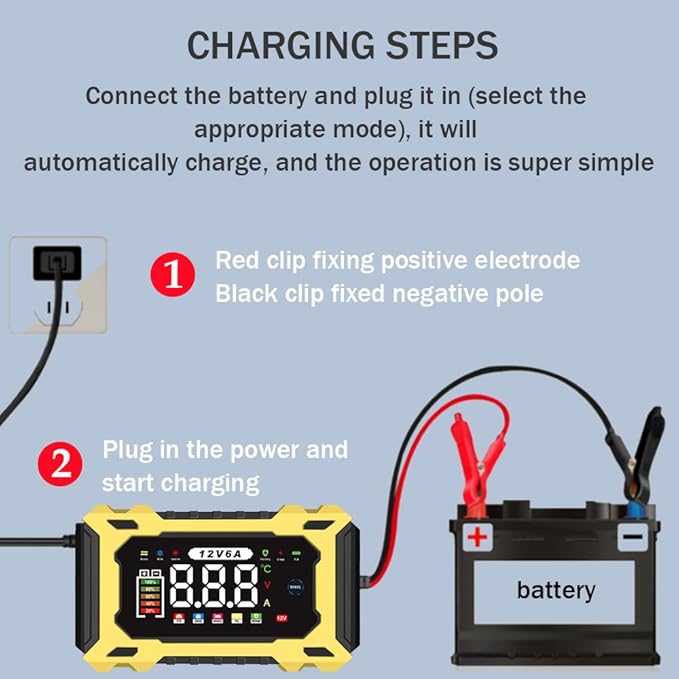 6-Amp 12V Smart Car Battery Charger, Battery Maintainer Trickle Charger with Desulfator, Pulse Repair & Overcharge Protection - for Car Lawn Mower Marine Lead-Acid Batteries (Yellow)