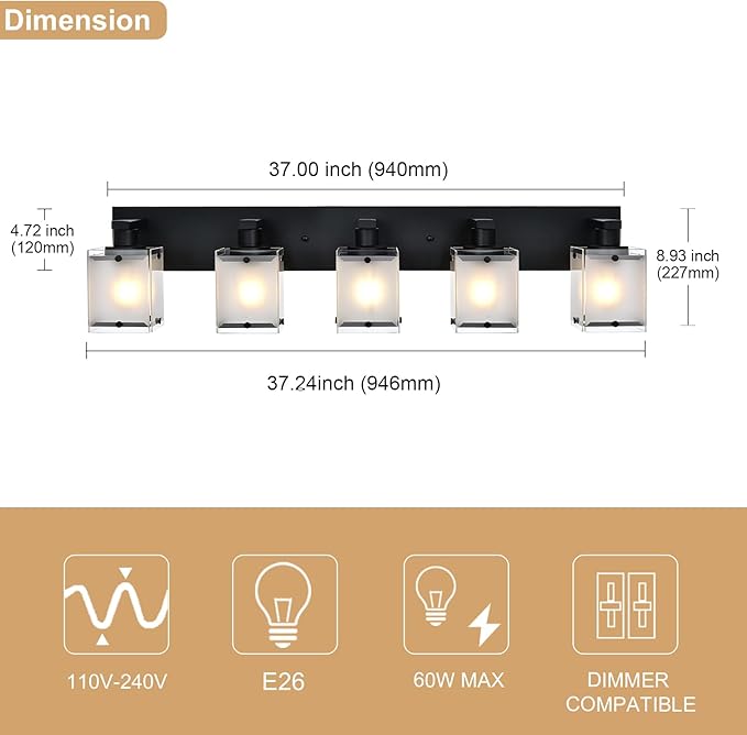 WINSHEN 5-Lights Bathroom Light Fixtures, Matte Black Modern Vanity Lights with Rectangular Frosted Glass for Over Mirror Dressing Table, E26 Bulb Base