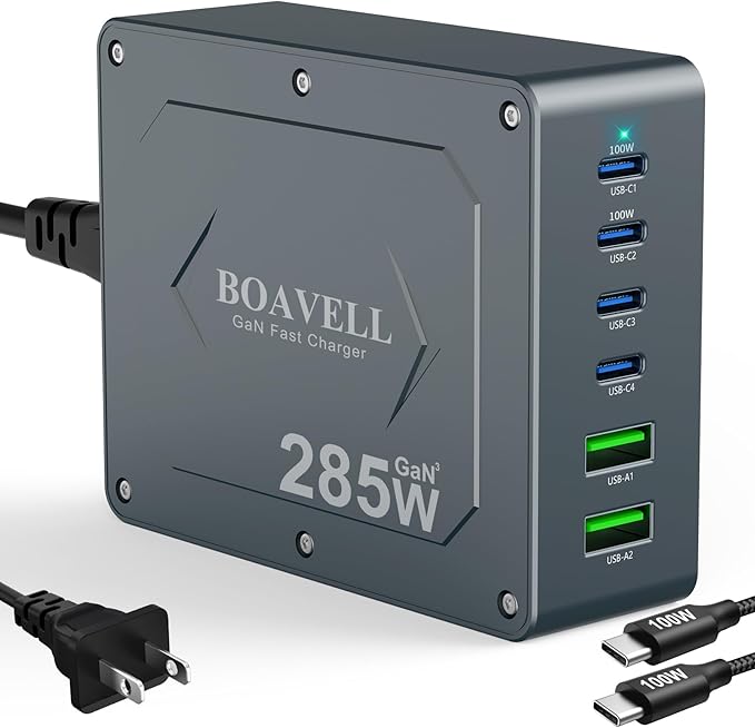 USB C Charger Block, 285W 6-Port GaN Fast Charging Station Hub with 100W Cable, Dual PD 100W Multi-Device USB C Wall Charger Adapter for iPhone 17 16 15, MacBook, Laptop, iPad, Samsung Galaxy and More