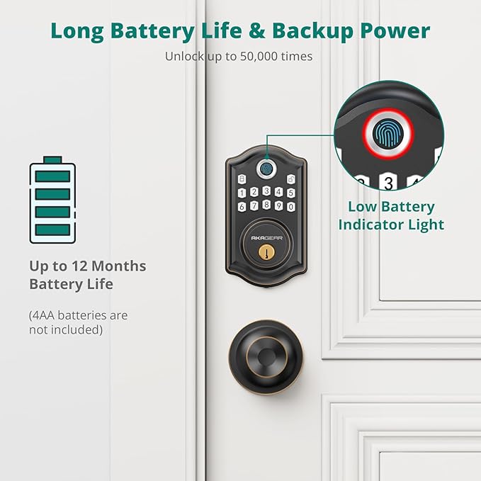 AkaGear DS10 Keyless Entry Door Lock with Door Knob, Fingerprint Door Lock, Electronic Keypad Deadbolt, Smart Door Lock, Smart Locks for Front Door, Auto-Lock - Oil Rubbed Bronze