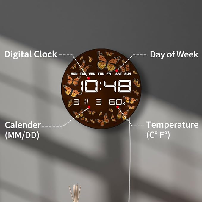 Timethink 12 Inch Butterfly Digital Wall Clock Large Display, Monarch Butterflies Entomology Nature Insect Electric Wall Clock with Temperature, Smart Dimming, Date, 12/24hr, Plug in LED for Kitchen
