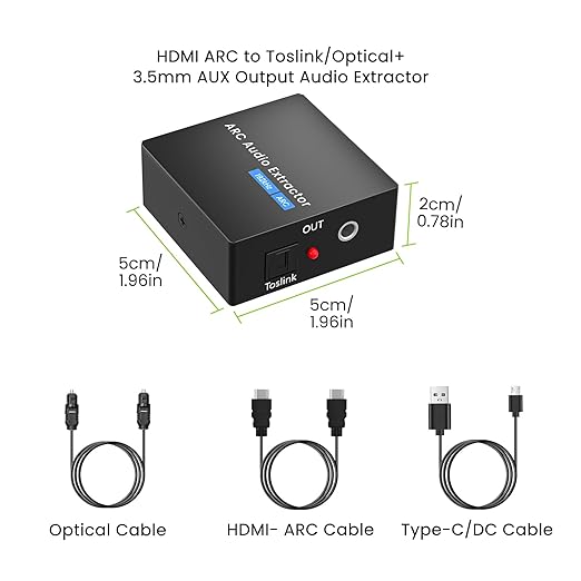 192KHz ARC Audio Extractor, HDMI ARC to Toslink/Optical+3.5mm AUX Output, HDMI to Optical Audio Adapter with Optical Cable, ARC to RCA Audio Converter for TV Amplifier Speaker/Soundbar/Headset