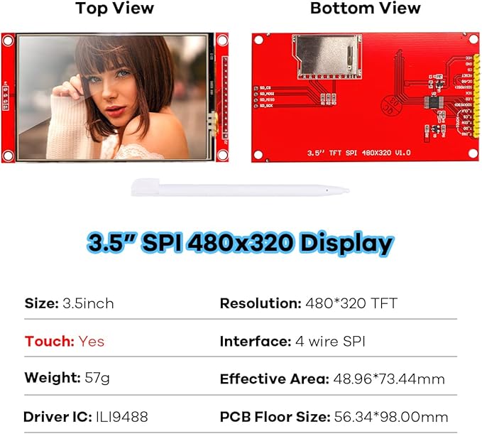 Hosyond 3.5 Inches TFT LCD Touch Screen Shield Display Module 480x320 SPI Serial ILI9488 with Touch Pen Compatible with Arduino R3/Mega2560 Development Board