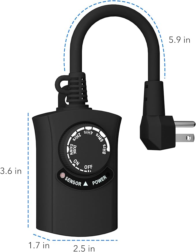 HBN Outdoor Light Timer Waterproof, Weatherproof Photocell Dusk to Dawn Light Sensor, 2/4/6/8 Countdown Timer, 1 Grounded Outlet for Christmas Lights，Hallowen Deceration，1875W 15A 1/2HP（2 Pack）