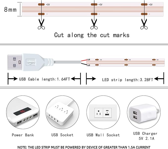 UVTaoYuan Short LED Strip Lights Purple 5V USB Not Dimmable Flexible COB LED Rope Lights 320LEDs/m Purple Super Bright Bendable Small Tape Lights for Living Room TV Lights Decoration (3.28FT/1M)