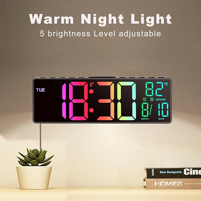 JALL 10.5'' Large Digital Wall Clock, Big LED Number Display, Alarm, RGB Colors, Auto DST, Temperature for Classroom, Bedroom, Decor, Birthday Xmas Gift for Senior, Mem Womem Mom Dad