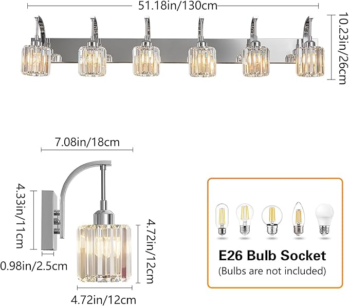 FDPBY 6-Light Crystal Vanity Light, Chrome Modern Wall Sconce with K9 Crystal Shades, 51.18" Long Over Mirror Lighting for Bathroom, Makeup, Hallway, Elegant & Easy Install