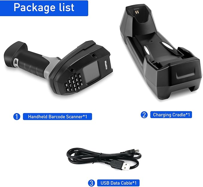 Wireless Barcode Scanner, Portable 1D Inventory Scanner & Data Collector with 2.0 Inch LCD Screen and 2.4G Wireless Dongle Built in Stand for Warehouse, Express, Library,Pharmacy,Supermarket