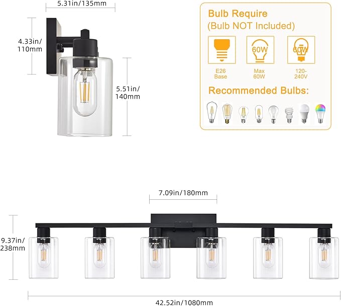 SOPEAS 6-Light Bathroom Vanity Light Black Vanity Lights for Bathroom Light Fixtures Matte Black 6 Light Fixtures with Clear Glass Shades for Bath Over Mirror