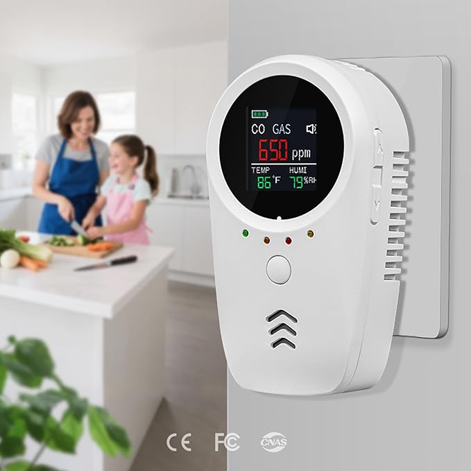 3PCS 5-in-1 Rechargeable Carbon Monoxide & Natural Gas Detectors with Temperature/Humidity LCD Display & 2000mAh Lithium-ion Battery, Portable Plug in Co Detector for Home Travel RV Essentials
