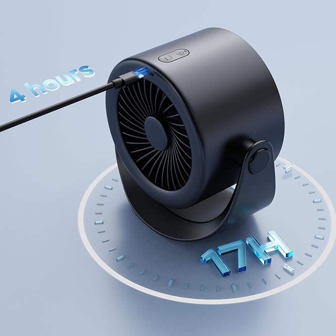 MORECORE Desk Fans for Bedroom, Strong Airflow Turbo Quiet Small USB Fan, 17hrs Running, 360° Rotate & 5 Speeds, 4000mAh Battery Operated Portable Fan with LED Display for Home Office Desktop-Black