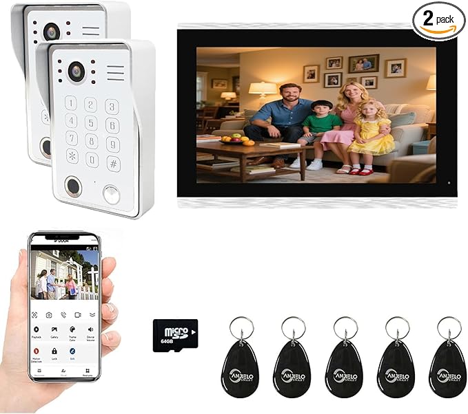 Wired Video Door Phone Kit Apartment Intercom System,10 Inch Touch Screen Monitor(Silver)with 1080P HD Doorbell Camera,Supporting Motion Detecting 5 in 1 Unlcking (2 Doorbell + 1 Monitor)