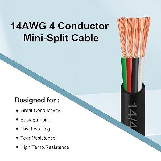 MOOKEERF 14/4 AWG Mini-Split Cable - 200FT 14 AWG 4 Conductor Control Cable 300V Stranded Oxygen-Free Pure Copper Wire for Mini Split Air Conditioner,Heat Pump,HVAC Systems and Speaker Systems