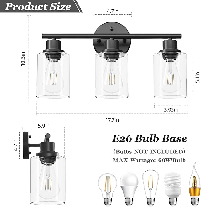 Guliaofo 3-Light Black Vanity Lights, E26 Modern Bathroom Light Fixtures with Clear Glass Shade, Wall Lamps for Mirror Kitchen Hallway Cabinet Living Room Sconces Lights
