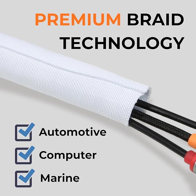 HOLED 5/8 inch Split Braided Cable Management Sleeve for USB Cable Power Cord Audio Video Cable, Wire Loom Cord Protector from Cat Dog Chewing (White, 10FT)
