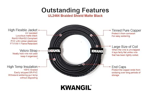 KWANGIL 3C 20AWG AMSB Shielded Cable Wire (UL2464) - Highly Flexible Str TC, PVC Ins, OS+TC BRD, PVC JKT for CNC Machine, Stepper Motor, VFD Spindle (Matte Black 100FT)