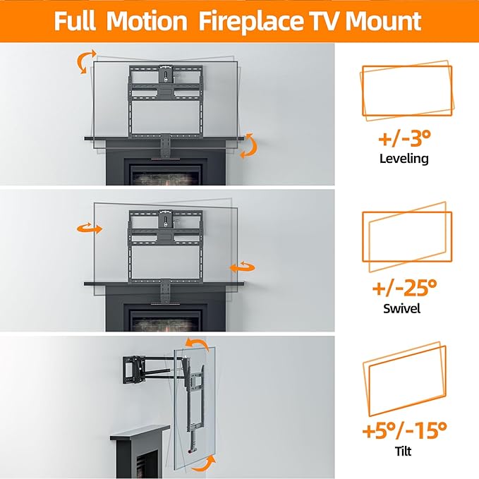 Pull Down TV Mount for Fireplace, Height Adjustable for Most 43-80 Inch TVs, Max VESA 600x400mm up to 80lbs, Full Motion Articulating Above Mantle Installation