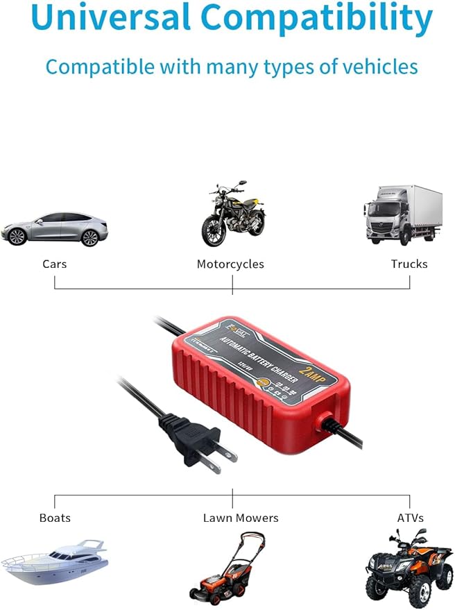 [2-Pack] FOVAL 2-Amp Car Battery Charger, 6V and 12V Portable Automatic Smart Charger, Battery Maintainer, Trickle Charger and Battery Desulfator for Car Lawn Mower Motorcycle Boat Lead Acid Batteries