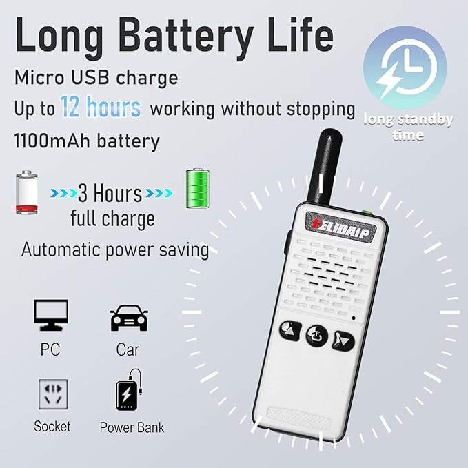 ELIDAIP T-M2 Super Mini Walkie Talkie for Adult Kids,Rechargeable Portable FM Transceiver,Small Two Way Radio for Supermarket,Hotel,Outdoor Sport,Hiking,Camping,Indoor,Family Trip,White 1 Pack