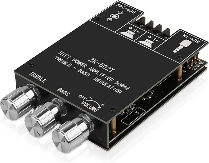 ZK-502T Power Amp Bluetooth 5.0 Audio Amplifiers Board 2.0 Channel 50W+50W AUX BT DC12-24V Mini Stereo Amplifier Module with Treble and Bass for DIY Home Speakers