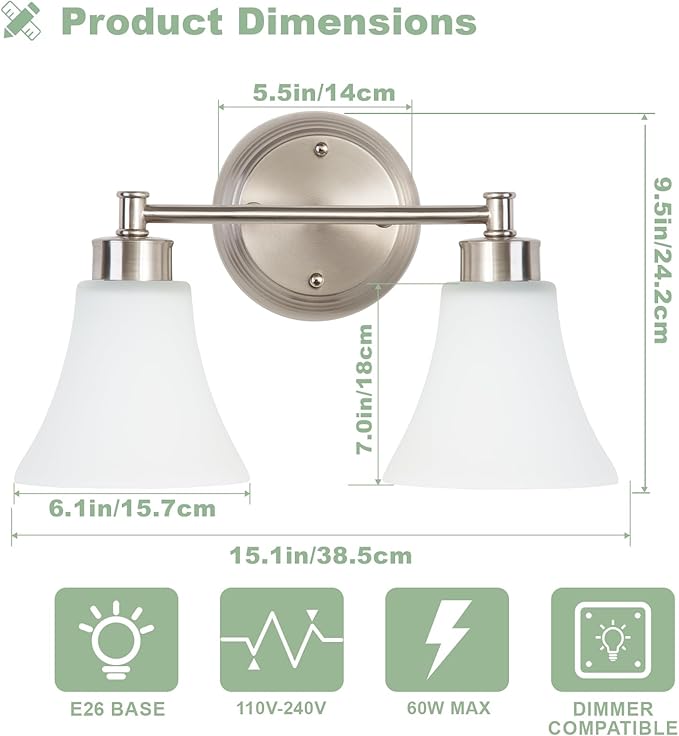 LOUSACE 2 Light Bathroom Vanity Light Brushed Nickel Bathroom Lighting Fixtures Over Mirror with Opal White Frosted Glass, Vintage Traditional Wall Lighting Fixture Satin Nickel Vanity Lights