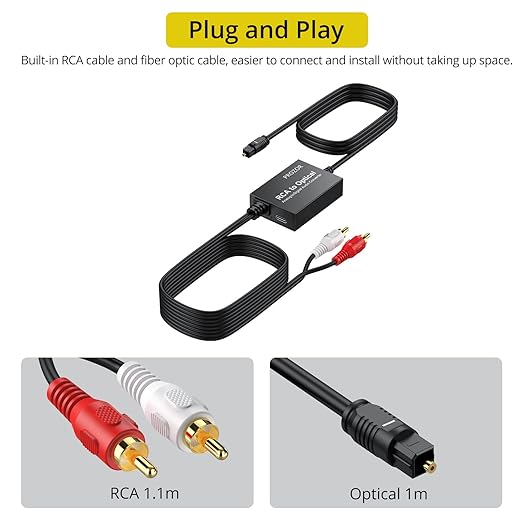 PROZOR Analog to Digital Audio Converter, RCA to Optical Audio Converter, with Built-in RCA to Optical Cable, Analogue Signals into Digital Audio, for Turntable/CD/DVD to Soundbar (Not Reversible)