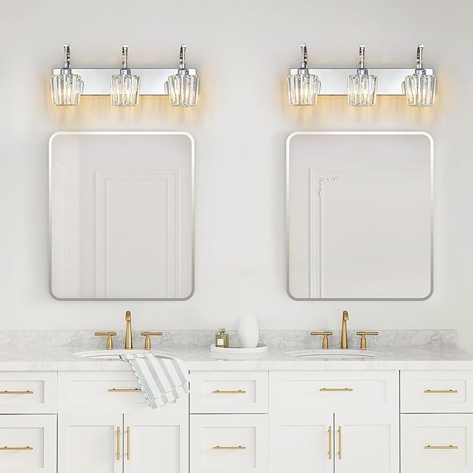 FDPBY Modern Bathroom Vanity Light, 3-Light Chrome Wall Sconce with Crystal Accents, Over Mirror Bathroom Lighting Fixture, 23.62" Long Dimmable Vanity Lamp for Makeup, Easy Installation